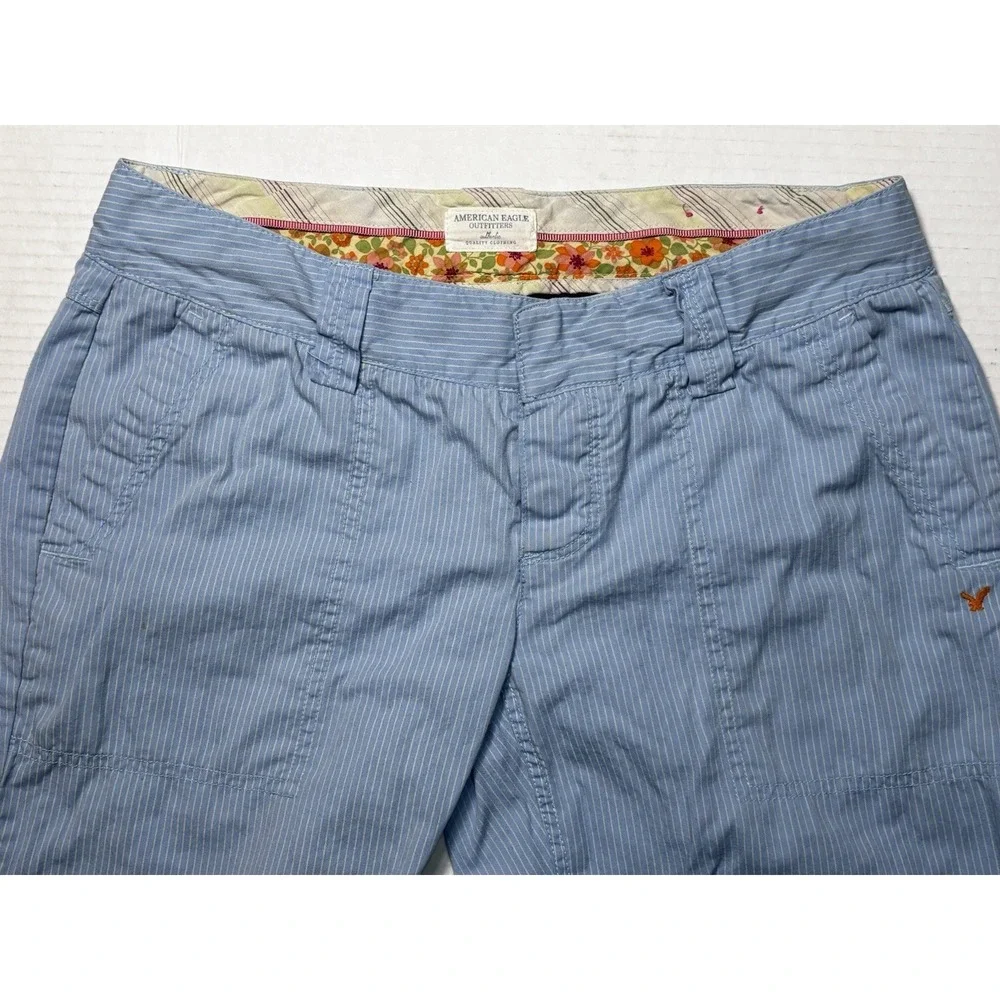American‎ Eagle Size 4 Blue Pinstripe Cropped Pants Button Leg Cotton Comfort